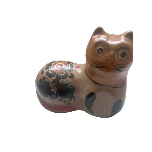 Vintage Tonala Mexican Pottery Cat Art Figurine Statue 7.5 X 7 coral orange - Picture 2 of 9